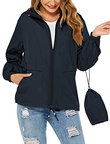 Tisfeer Windbreaker Jacket Women Lightweight Windproof Raincoats Waterproof Bicycle Cycling Rain Jacket(Navy Blue,XXL)