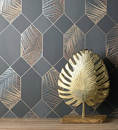 GAULAN 681282 Papier peint lessivable géométrique hexagones avec des feuilles tropicales pour mur salon chambre couloir salle à mange tête de lit - Rouleaux de 10 m x 0,53 m