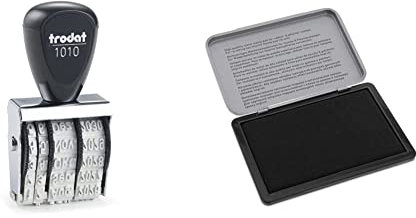 Trodat 1010 Classic Datumsstempel Deutsch, Monat abgekürzt, Abdruckgröße 4 x 26 mm & Imprint 9072M Stempelkissen Schwarz – Metall, Größe 11 x 7 cm