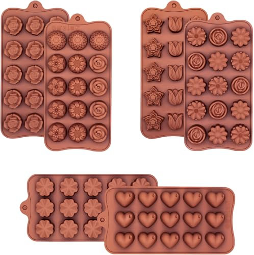 6 Pack Flower Shape Chocolate Candy Molds Silicone, Food-Grade Non-Stick Jelly & Baking Molds, Crayon Molds, BPA-Free, Including Heart, Rose, Tulip, Daisy, Sunflower, and Other Flowers (Brown)