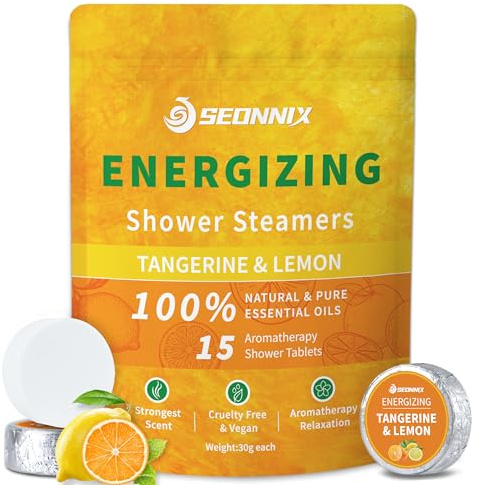SEONNIX Shower Steamers Aromatherapy 15 Pack, Tangerin & Lemon Shower Bombs with Natural Essential Oils, Relaxation & Birthday Gifts for Women and Men, Stress Relief & Self Care Gifts, Shower Tablets