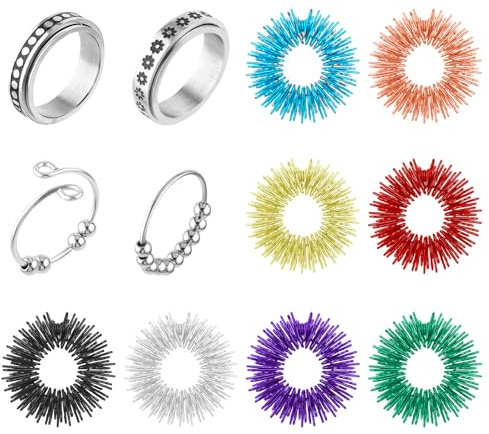 Aster 12 Stück Fidget Ring Set, 4 Stück Edelstahl Spinner Ringe & 8 Stück Massageringe, Massage Ring Zappelringe Verstellbare Fingerringe Sensorische Fingerringe, Anti Stress Ängstlichkeit Entlastung