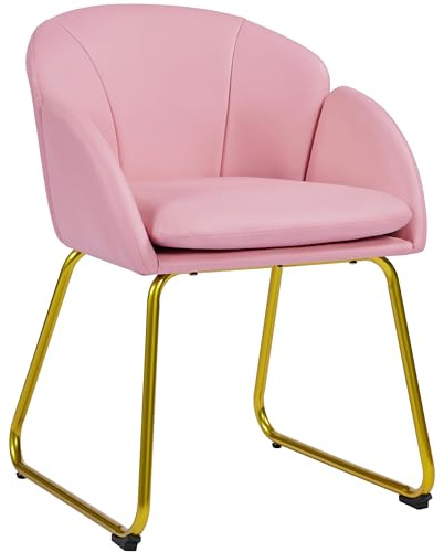 Yaheetech Fauteuil de Chambre à Coucher Salon Rembourré Haut Moderne Ergonomique en Similicuir avec Dossier Circulaire, Accoudoirs, Pieds en Métal, Charge 136 kg Rose Clair