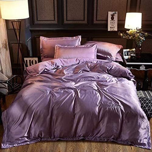 Juego de ropa de cama de seda de morera de grado 6A, 4 piezas, funda de edredón, sábana bajera, fundas de almohada profundas, 19 momme, doble, color morado, 2 m