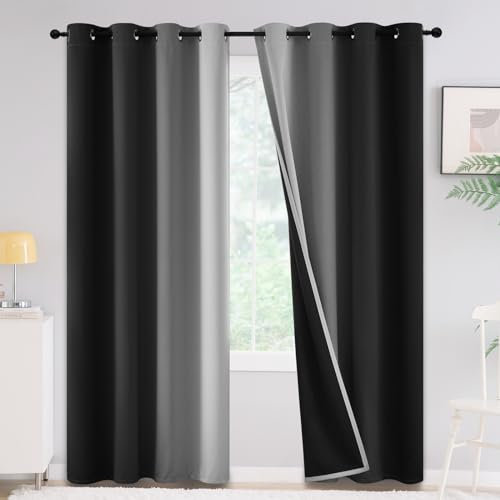 Yakamok 100% Blackout Black Curtains for Bedroom, Ombre Room Darkening for Living Room Grommet Window 84 inches Long,Thermal Insulate Drapes, 2 Panels, Black, 52x84 inch