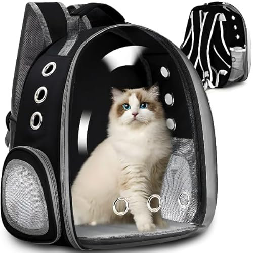 Retoo Katzenrucksack Hunderucksack mit Vornes Transparentes Fenster und Reißverschluss, 42x35x25cm, Transporttasche mit Belüftungslöchern, Verstellbare Gurte, für Katzen und Kleine Hunde, Schwarz