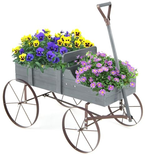 FANTASK Blumenständer Holzwagen, Pflanzwagen Blumenwagen mit Rädern aus Metall, Blumenkasten Pflanzenständer für Garten und Terrasse, 62x34x60cm, Grau
