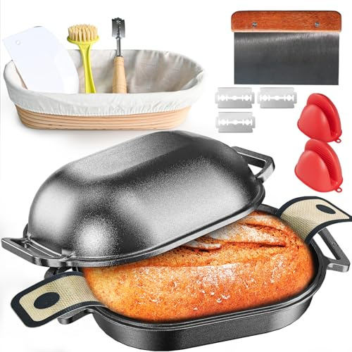 Cast Iron Dutch Oven for Bread Baking, With Banneton Bread Proofing Basket & Baking Supplies, 7.5QT Multi-Functional Dutch Oven Pot with Lid, Cast Iron Bread Pan, Black