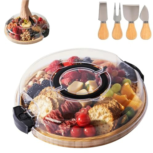 ERNAN Plateau à Fromage en Bambou, Set de Couteaux,Plateau de Service Durable en Bambou pour Les fêtes, Choix Parfait pour Gourmets,Cadeau pour Crémaillère et Noel (Round - Handheld)
