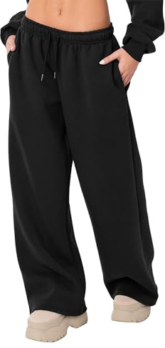 Kouoybt Women's Wide Leg Sweatpants Casual Solid Color Joggers Sweatpants Trendy Drawstring Baggy Long Pants High Waisted Casual Trousers (A-Black, M)