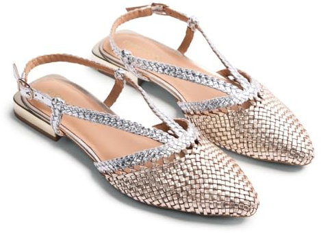Gioseppo KITODI - Mules de Piel Trenzada Bicolor para Mujer con Tacón Metalizado y Correa Ajustable, Puntera Afilada, Suela Flexible de TPR, Color Platino, Talla 41