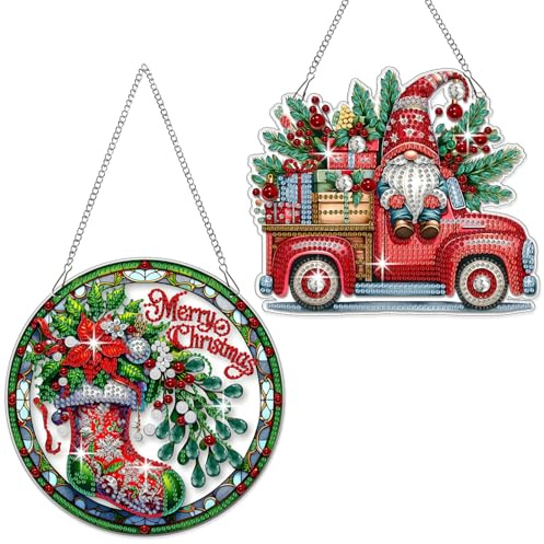 Fokenzary 5D Adult Diamond Painting Art Set DIY Santa Claus Christmas Stocking Diamond Crystal Pendant Living Room Decoration(24cm*24cm*2pcs)