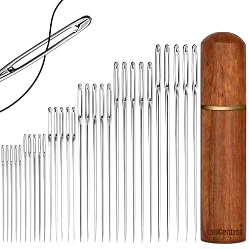 LauCentral 30 Pcs Large Eye Hand Sewing Needles, 6 Sizes Sharp Stainless Steel Embroidery Knitting Needles, Self-Threading & Rustproof for DIY Handcrafts