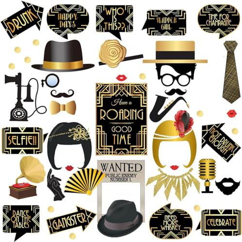 Atrezzo apoyos fotográficos de la Cabina de Fotos de Gatsby de los años 20, Fiesta de cumpleaños de 20 años Suministros de decoración de la Ducha Nupcial, 42 Piezas