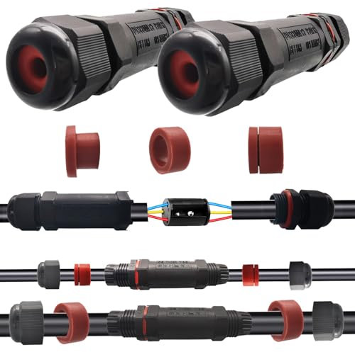 IP68 Waterproof Wire Connector, CESFONJER 2 Pcs Waterproof Cable Connector, Outdoor Cable Connector, External Junction Box, Cable Connector Sleeve Coupler for 2 or 3Pin Diameter 5-13 mm Cables