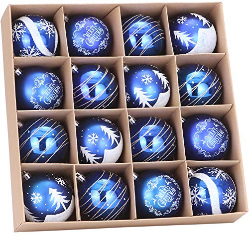Sea Team 80mm/3.15 Delicate Painting & Glittering Shatterproof Christmas Ball Ornaments Decorative Hanging Christmas Ornaments Baubles Set for Xmas Tree - 16 Counts (Blue)
