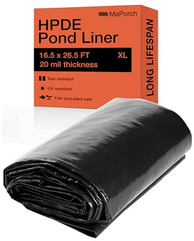 MAPORCH Pond Liner for Outdoor Ponds - Heavy Duty Koi Fish Pool Liner - 16.5 x 26.5 ft, HDPE 20 Mil - UV Resistant Waterproof Underlayment
