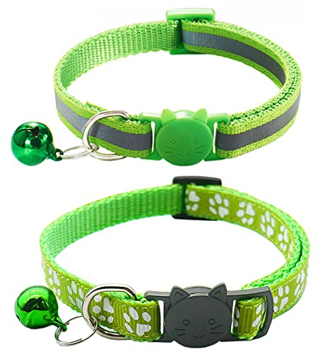 Qinao 2Pack Cat Collars Quick Release Reflective Kitten Collar with Bell & Safety Release (Light Green)