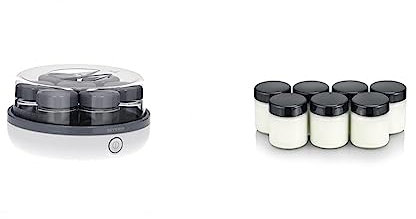 SEVERIN Yaourtière compacte, 7 pots de 150ml inclus & Lot de 7 Pots de Yaourt en Verre de 150 ml avec Couvercle Noir pour Yaourtière JG3521 / JG3520 / JG3519 / JG3518 - sans BPA - EG3514