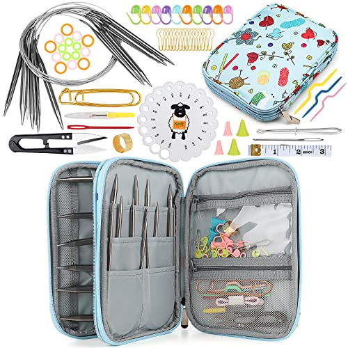 Coopay Aiguilles à tricoter circulaires en acier inoxydable de 80 cm avec poche, 9 aiguilles à tricoter rondes avec aiguilles et accessoires de tricot, 2,5 à 10 mm, aiguilles à tricoter circulaires