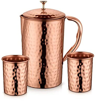 PR International Lot de 2 pichet en cuivre avec couvercle 1500 ml avec verre 300 ml réutilisable Motif martelé