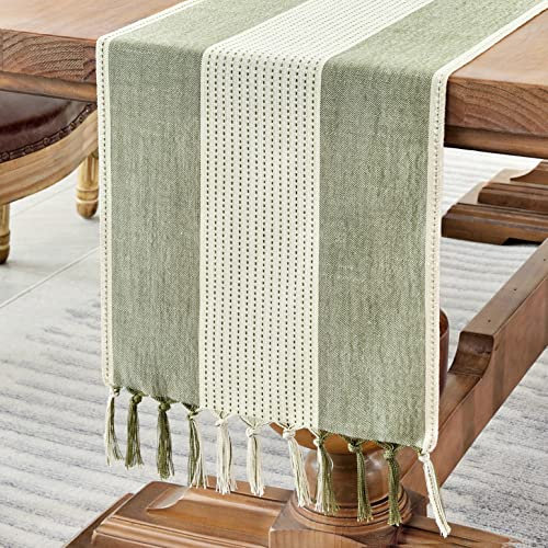 Wracra Makramee Baumwolle Leinen Tischläufer 150cm lang mit Hand-Quasten Kaffee Tisch Läufer, Bauernhaus-Stil Tabelle Läufer für Urlaub Parteien und alltäglichen Gebrauch(Salbeigrün, 150cm)