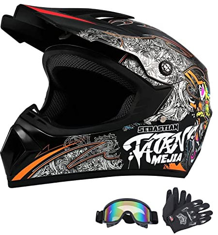 Senhill Motorradhelm Motocross-Helm Dirt Bike Helme Off-Road-Helm mit Handschuhen Schutzbrille für Unisex Jugend Erwachsene (Schwarz, M)