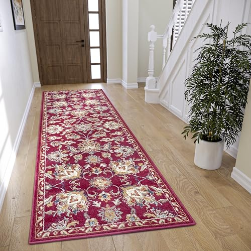 Hanse Home Caracci Alfombra Oriental – Alfombra clásica densamente Tejida con Adornos y Motivos Florales, Pelo Corto Suave para Dormitorio, Comedor, salón, Pasillo, Cocina, Rojo, 80 x 240 cm