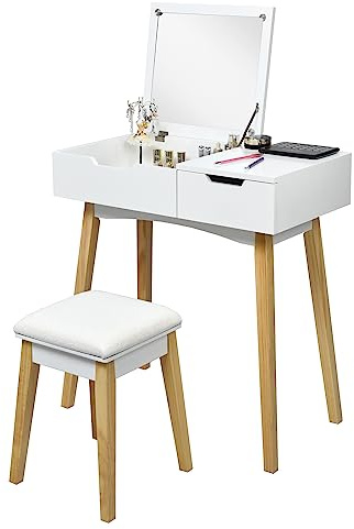 HOMASIS Tavolo da toeletta per trucchi, comò con specchio pieghevole e sgabello, set da tavolo cosmetico in legno con cassetti, adatto per camera da letto, soggiorno, 74 x 40 x 115 cm, bianco