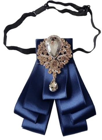 JKQBUX Retro British Style Rhinestone Pre-tied Adjustable Sparkling Satin Ribbon Bow Tie for Women Men Uniform Necktie Bownot, Dark Blue, 12.5* 14cm