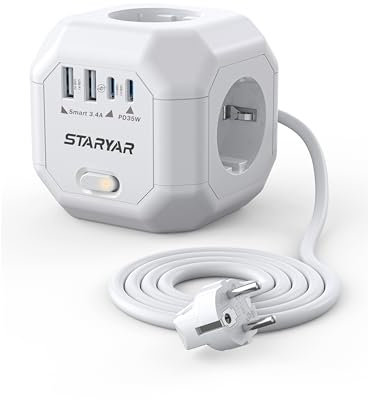PD35W Steckdosenwürfel, 4 Fach Würfel Mehrfachsteckdose 4000W Steckdosenleiste mit USB,Mehrfachstecker mit Schalter,Steckdose Cube Steckdosenadapter Powercube Ladegerät für Büro,2M Verlängerungskabel