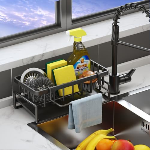 Organizer Cucina per Lavello in Acciaio Inossidabile Con Vaschetta di Scarico Autodrenante, Porta Spugne, Asciugamani, Stracci - Accessori per Cucina (Nero)