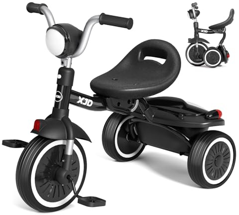 XJD Tricycle pliable pour enfants avec pédales, roues durables, siège confortable réglable, cadeau d'anniversaire pour garçons et filles de 1 à 5 ans, noir