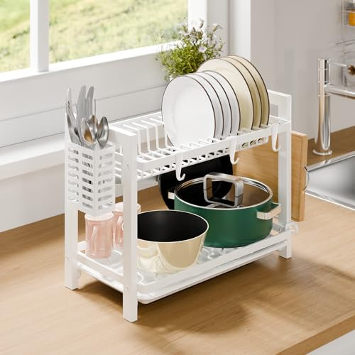 niffgaff 2 Tier White Dish Drainer Rack with Drip Tray (52 * 24.5 * 34.5), Dish Drying Rack Kitchen with Utensil Cutting & Board Holder for Kitchen Counter