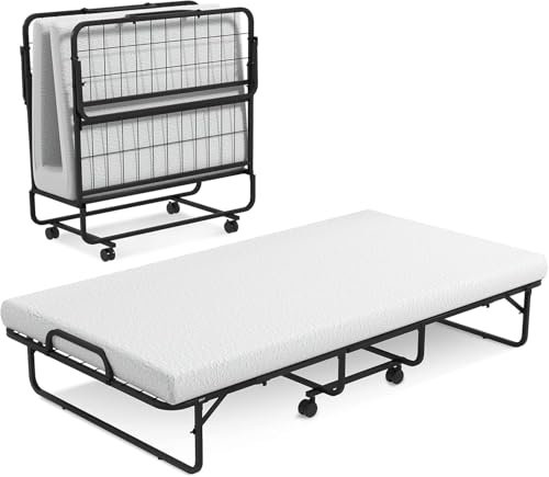 FANTASK Gästebett klappbar mit Schaumstoffkernmatratze, Faltbett mit Lattenrost aus Metall bis 180 kg belastbar, Klappbett mit Rollen & stabilem Metallrahmen 96x191 cm, Weiß