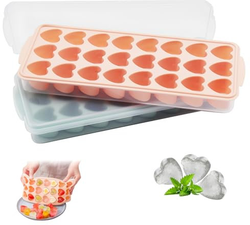 KUIRUNRX® Stampo Ghiaccio Silicone, 2 Pezzi Vassoi Per Cubetti Di Ghiaccio In Silicone Con Coperchio, Ghiaccio Stampo Cuore Silicone Impilabili Vaschette, per Cocktails, Succhi