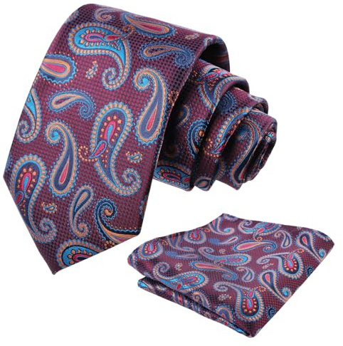 Alizeal Ensemble cravate et mouchoir en jacquard cachemire pour homme - Cravate rétro et carré de poche, 144-Bordeaux + Bleu sarcelle, taille unique