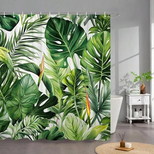 IHHGNB Cortina de Ducha de Hojas Verdes con Estampado de Plantas, Hojas de Palma y Flores, Tela de poliéster, Cortina de Ducha, Cortina divisoria para bañera, 180 x 240 cm (71 x 94 Pulgadas)