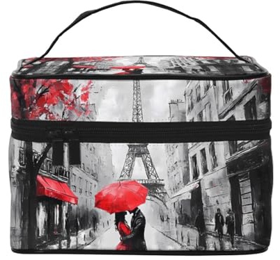Paris Couple Makeup Bag Eiffel Tower Cosmetic Bag Travel Toiletry Organizer Pouch for Women Girls Portable Vanity Case
