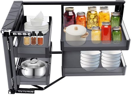 DRRSBRP Blind Corner Cabinet Organizer, Hidden Corner Access Rack Slide-Out Kitchen Storage Tray Pull-Out Shelf Rack Storage System with 4 Withstand 33lbs Separate Baskets for Kitchen Cupboard Pantry