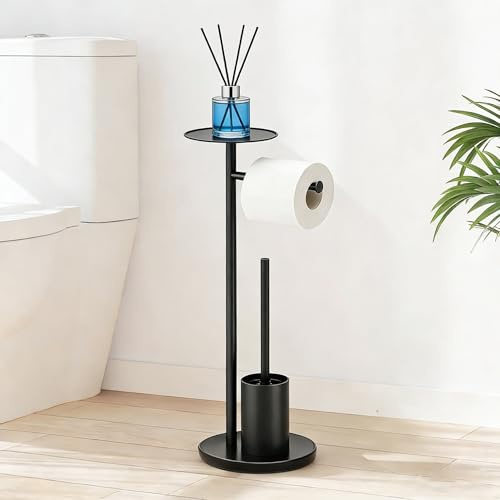 Piantana Portarotolo e Scopino Spazzolato in Acciaio Inossidabile con Ripiano - Set Porta Carta Igienica e Scopino WC con Base Stabile, Montaggio Semplice, Antiruggine per Bagno Moderno