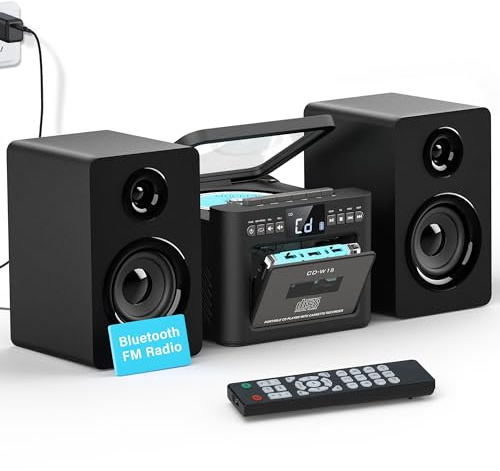 Greadio Stereoanlage mit CD Player und Kassettenrekorder, 40-W-Lautsprecher mit Bluetooth 5.1, Kassettenspieler mit FM Radio/USB/TF/AUX/Fernbedienung, HiFi Musikanlage (Schwarz)