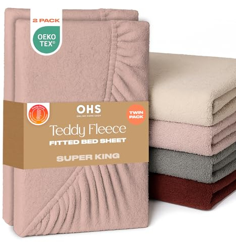 Brentfords Teddy Fleece Fitted Sheet 2 Pack, Soft Warm Thermal Teddy Bear Bedding Deep Pocket 25cm Fade Resistant Cuddly Cosy Fluffy Super King Fitted Sheet 2 Pack, Blush Pink - Super King
