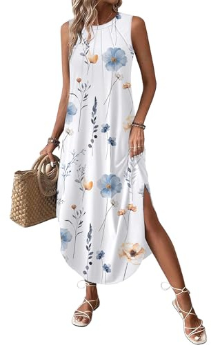 Zeagoo Vestito Donna Estivo Senza Maniche Casual da Spiaggia Abiti Elegante Scollo Rotondo Vestiti Lungo Leggero con Spacco Laterale e Tasche Fiore Bianco M