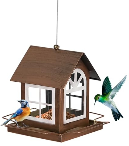 Distributore di mangime per uccelli per esterni, robusto vassoio per mangimi per uccelli sospesi, resistente alle intemperie, a forma di casa, per colibrì, giardino, balcone, terrazza