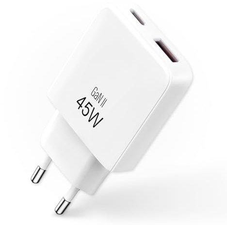45 W snabbladdare kompakt USB C och USB A - laddare för iPhone 17 - senaste GaN-tekniken 2026 - nätkontakt för iPhone, Samsung och bärbara datorer - vit färg