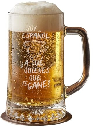 PROMO SHOP - Boccale da birra in vetro personalizzato con frase Soy español, ¿a qué quieres que te gane?, sottobicchiere regalo, caraffa in vetro della Coppa del Mondo 2026, incisione laser, ½ litro