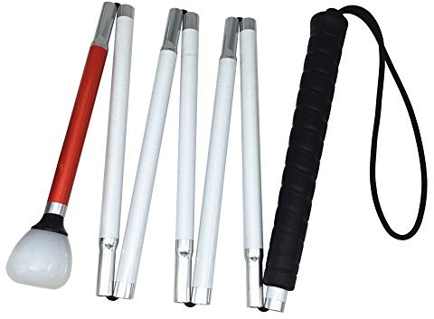 Aluminium Faltlangstock mit 7 Stocksegmenten,Kunststoff-Rollspitze, weiße Stock für Blinde (Schwarz Griff, 140 cm)