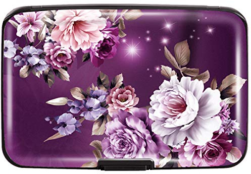 Credit Card Holder for Women,RFID Blocking Slim Hard Mini Flowers Card Case ID Case Travel Wallet Purple