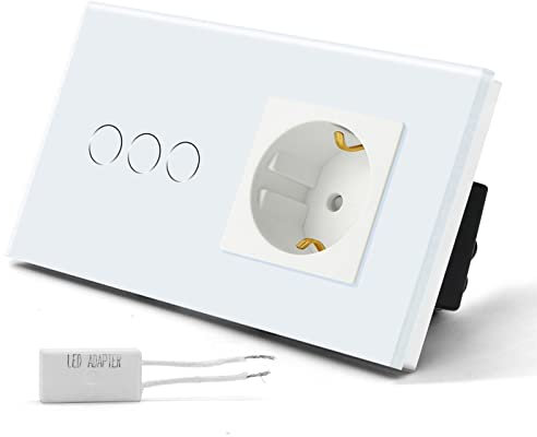 BSEED DimmSchalter mit Steckdose für LED-Lampen, Non-wifi Schalter aus Glas 240V für eine perfekte Listimmungsvolle, 1 Fach 1 Weg Weiß